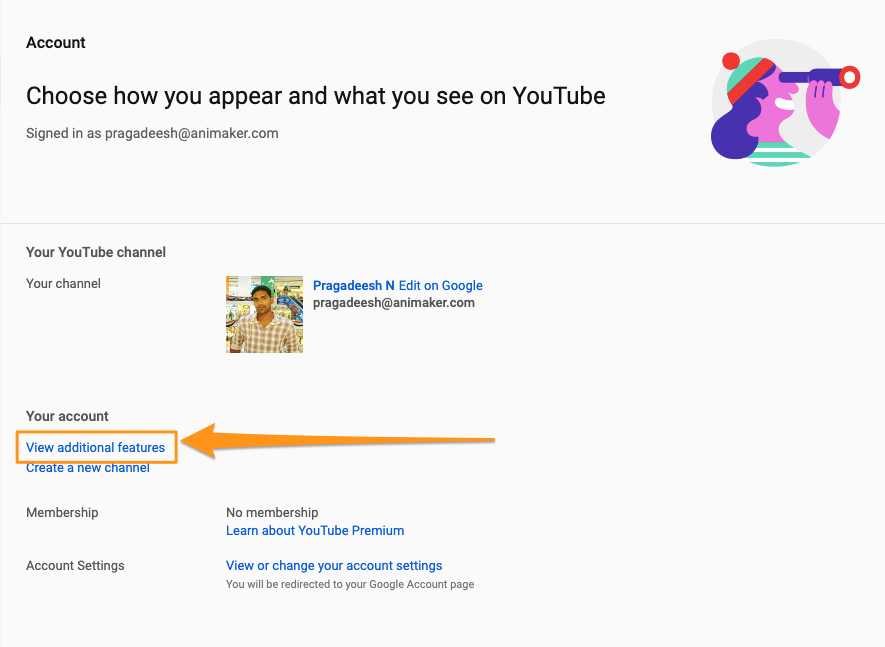View additional features in youtube account section