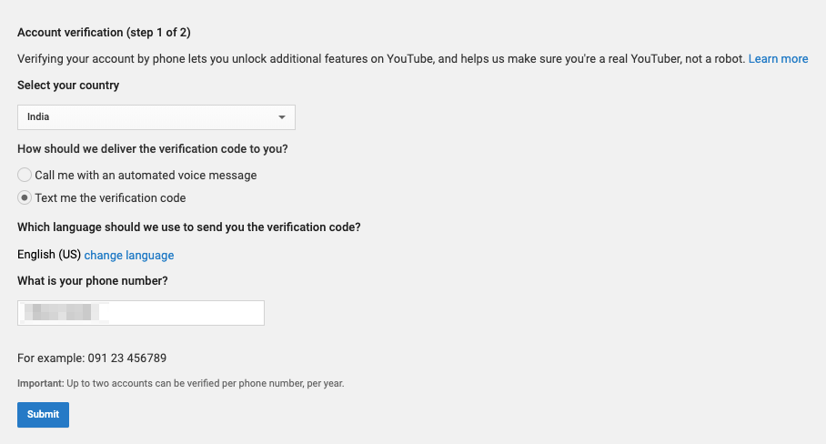 YouTube account verification step one